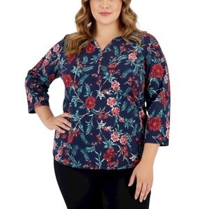 NWT Karen Scott Plus Size Floral Print Top Intrepid Blue 3X